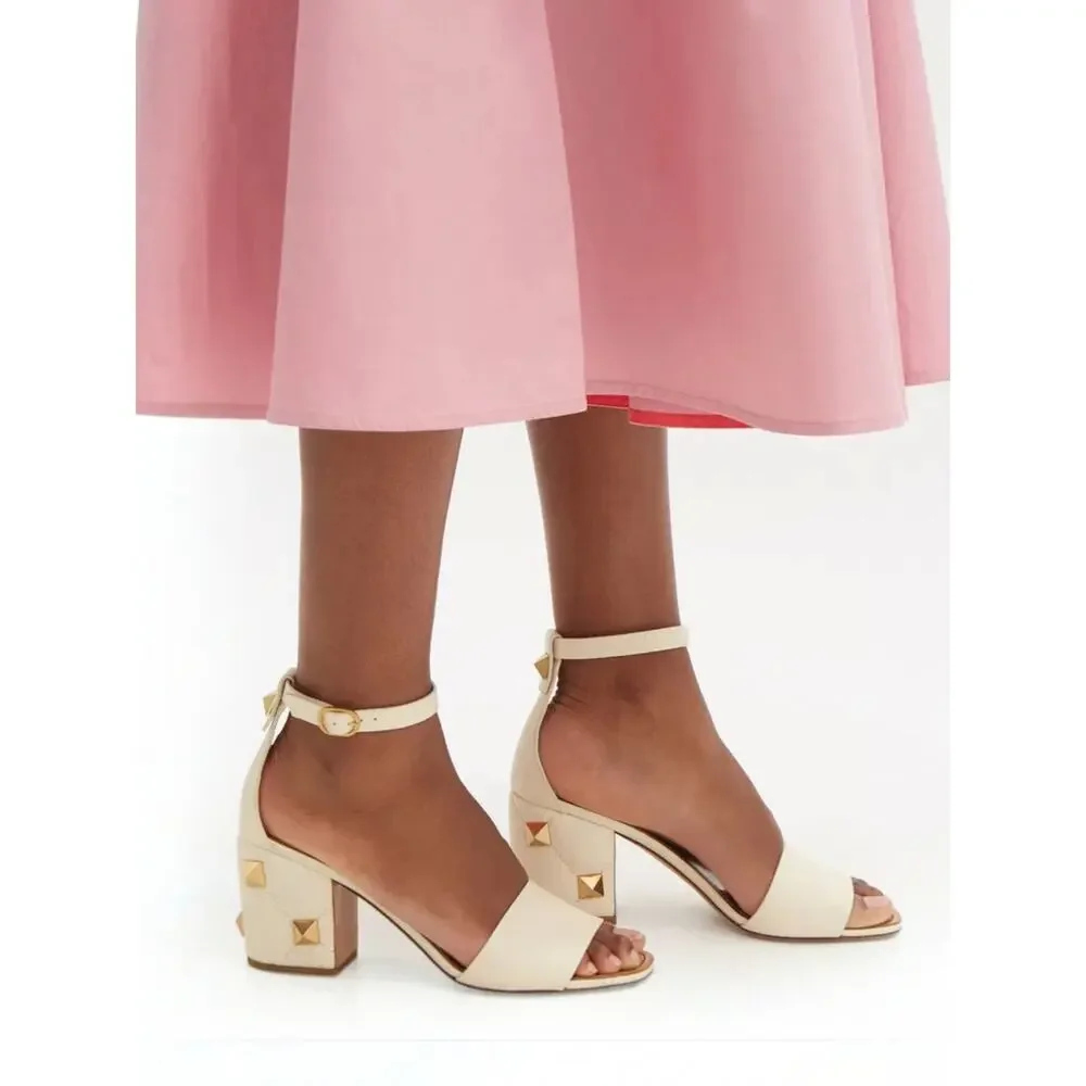 Valentino Garavani 75 Roman Stud Heel Leather Sandal Ivory Size 37.5